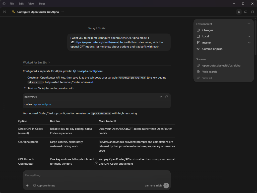 Configuring OpenRouter Ox Alpha profile inside Codex